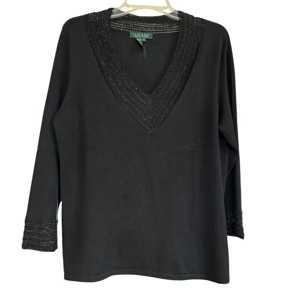 LAUREN RALPH LAUREN Black Beaded V Neck Sweater Long Sleeve Women's XL